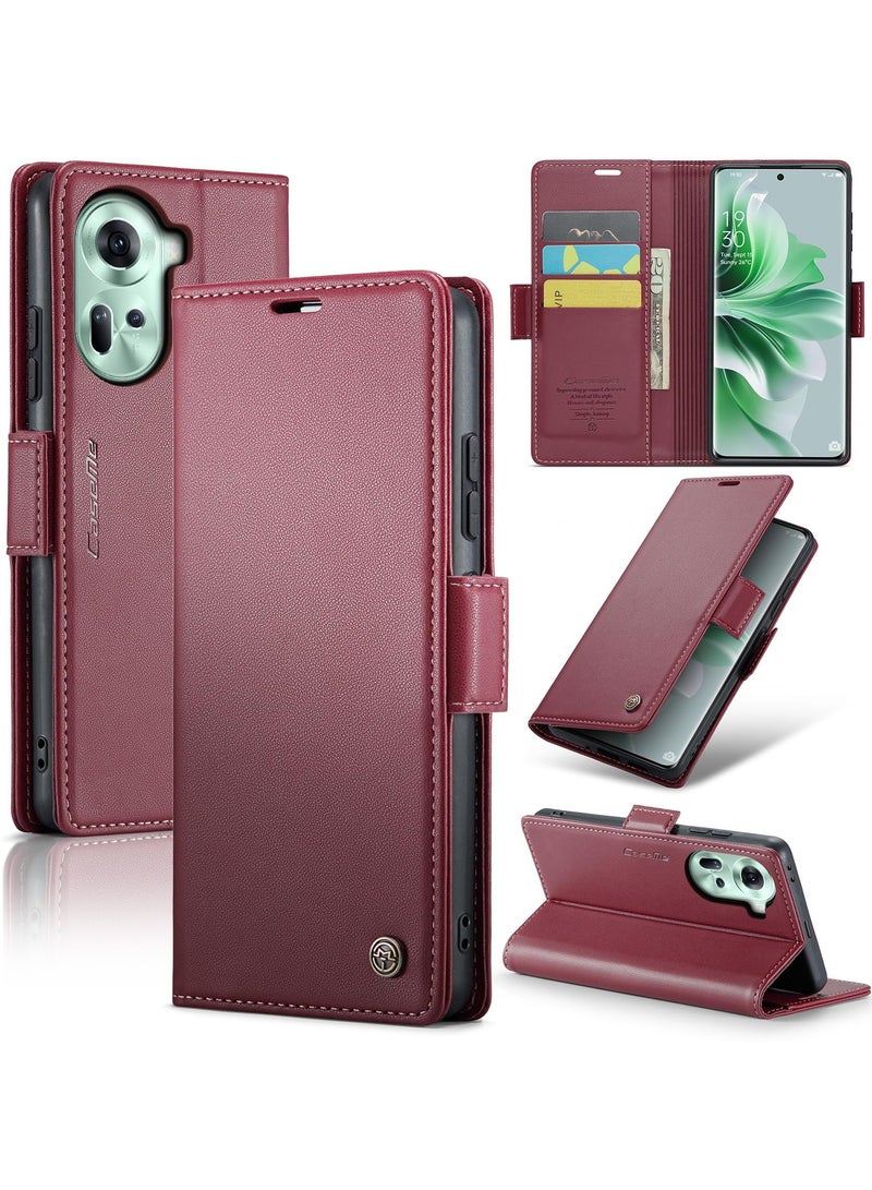 CaseMe Phone Case Luxury PU Leather Design Anti Fingerprint 023 Flip Cover Card Slot Holder Cover For Oppo Reno 11 5G (Red) - Image 1