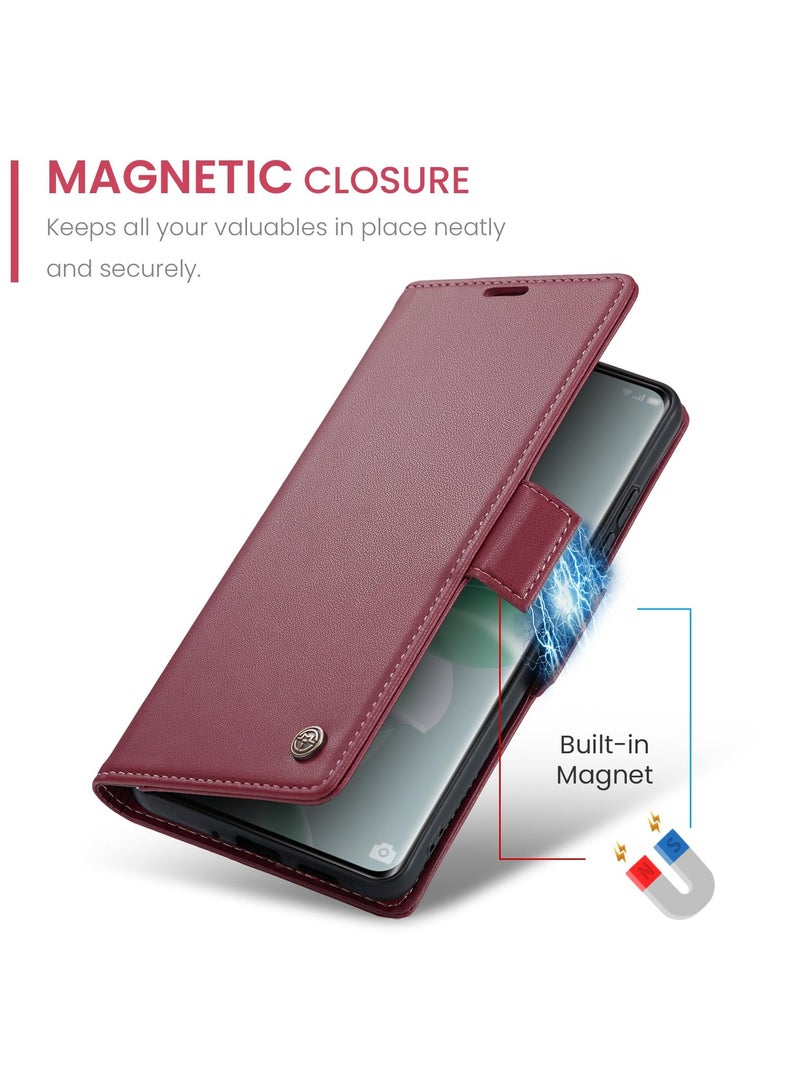 CaseMe Phone Case Luxury PU Leather Design Anti Fingerprint 023 Flip Cover Card Slot Holder Cover For Oppo Reno 11 5G (Red) - Image 4