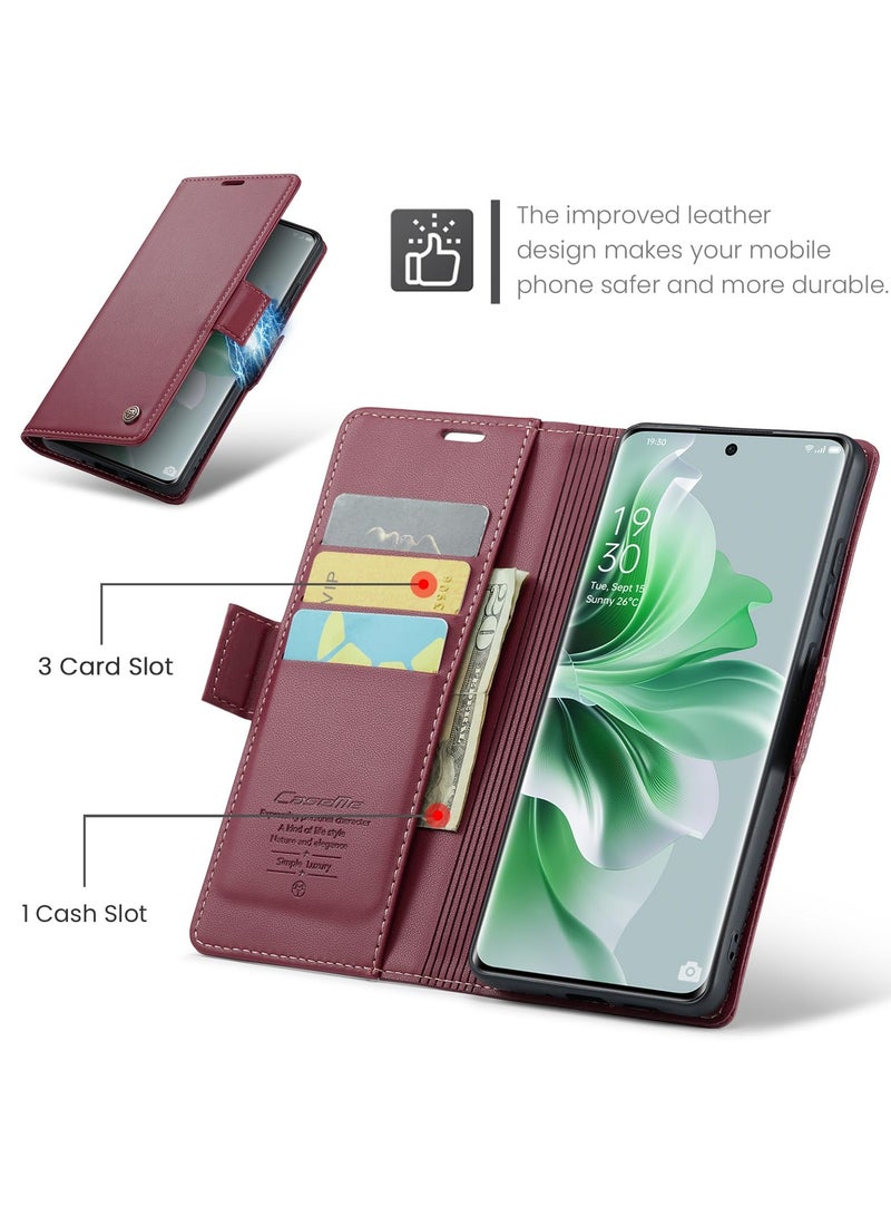 CaseMe Phone Case Luxury PU Leather Design Anti Fingerprint 023 Flip Cover Card Slot Holder Cover For Oppo Reno 11 5G (Red) - Image 5