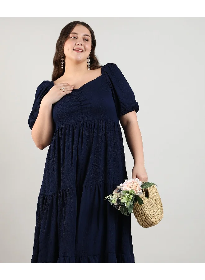 Instafab Plus Women's Midnight Blue Three-Tier Dress For Casual Wear | Puff Sleeve | Polyester Fabric | Sweetheart Neck Dress Crafted With Comfort Fit For Everyday Wear
