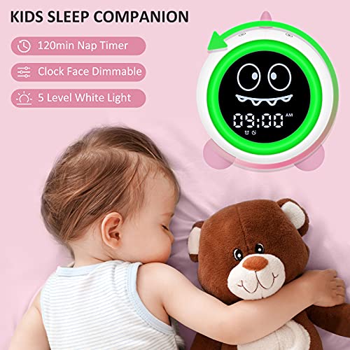 H-chin Kids Alarm Clock, Toddler Sleep Training Clock with Night Lights, Sound Machine, Time to Wake Dinosaur Alarm Clock for Children, Gift Ideas for Kids Toddler Boy Girl (Pink) - Image 5
