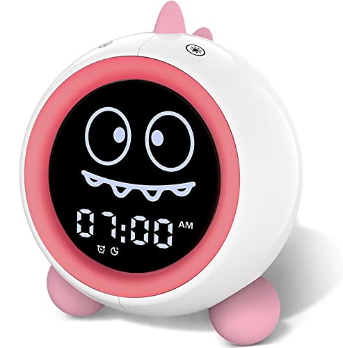 H-chin Kids Alarm Clock, Toddler Sleep Training Clock with Night Lights, Sound Machine, Time to Wake Dinosaur Alarm Clock for Children, Gift Ideas for Kids Toddler Boy Girl (Pink) - Image 1