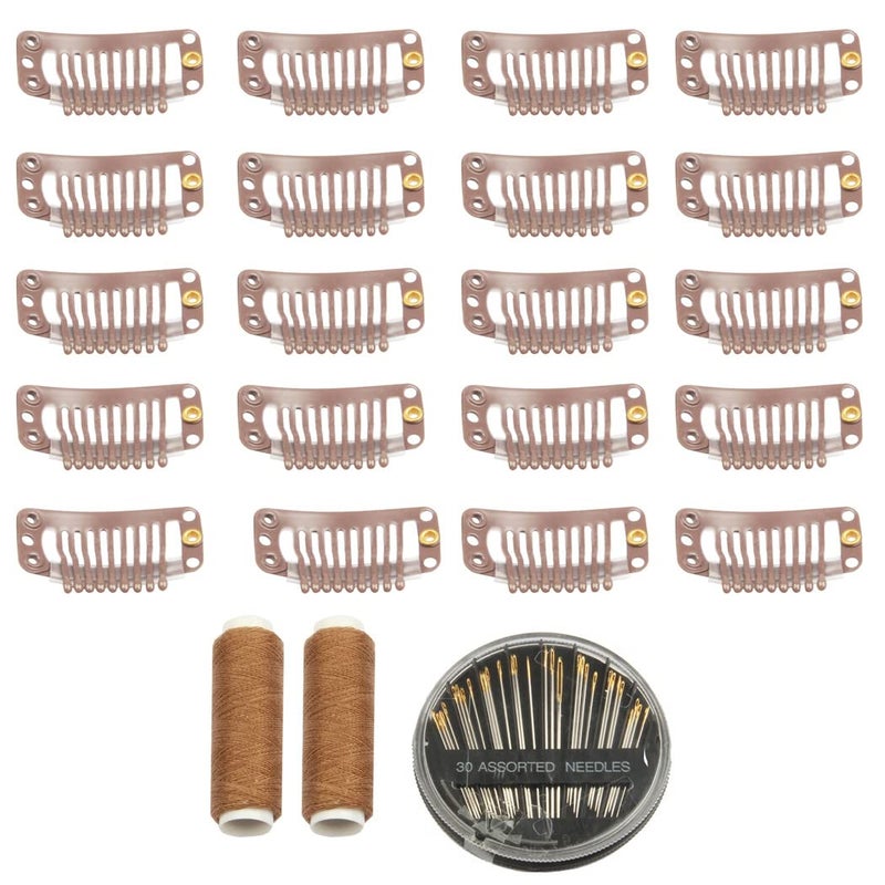 FeiHong 30pcs 9 Teeth Stainless Steel Snap Comb Wig Clips Hair Extension Clips Wig Accessories Clip with 30 Assorted Sewing Needles and 2 Rolls Thread Light Brown