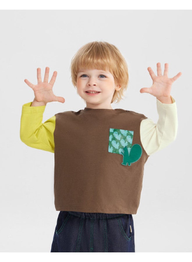 Pure Cotton Mandarin Duck Embroidery] Boys' Long Sleeve T-shirt Spring/autumn Style Baby Base Layer Children's Pure Cotton Top New Style Girls - Image 1
