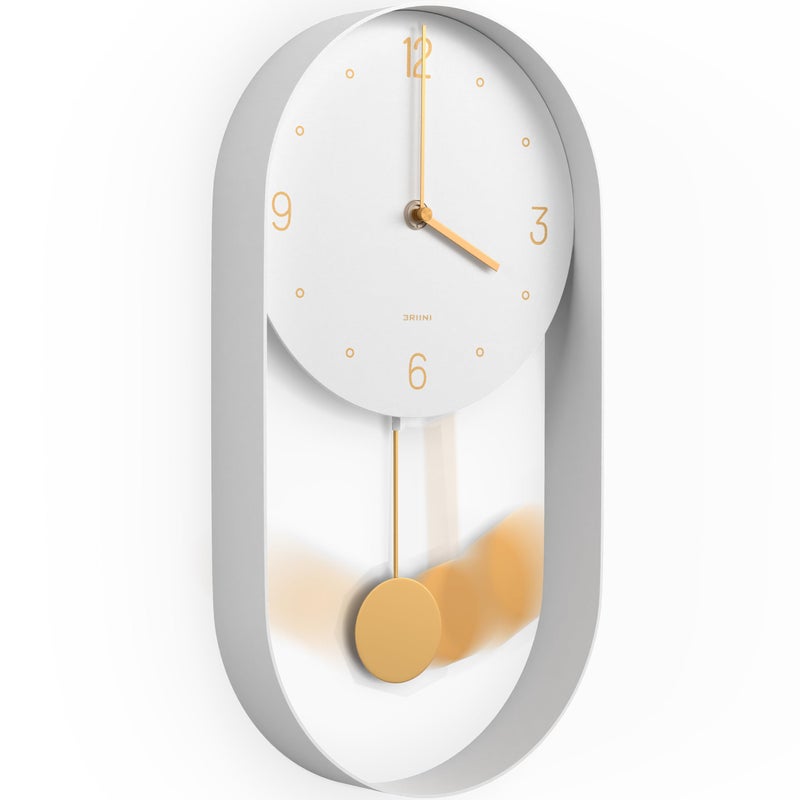 Driini Modern Pendulum Wall Clock  Decorative and Unique Metal Frame with 8 Inch Face  Contemporary Minimalist Design with Silent Non Ticking Operation  Includes Both White and Gold Pendelum
