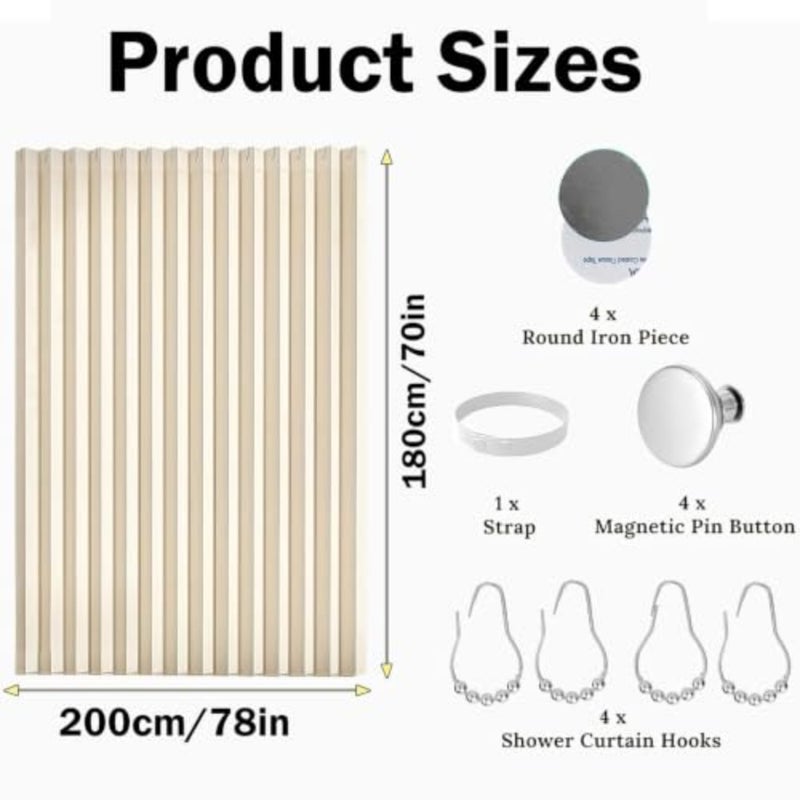 baihuo180 x 200 cm Linen Shower Curtain with Magnetic Side Closures and Tieback Heavy Duty Waterproof Fabric Farmhouse Boho Bathroom Curtain with Hooks Moisture Resistant Beige - Image 2
