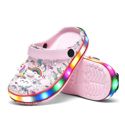XPKWS Toddler Kids Clogs Boys Girls LED Garden Shoes Light up Sandals Slip on Quick Dry Beach Slippers (DJS-Pink, 29) - Image 5