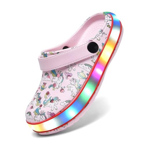 XPKWS Toddler Kids Clogs Boys Girls LED Garden Shoes Light up Sandals Slip on Quick Dry Beach Slippers (DJS-Pink, 29) - Image 1