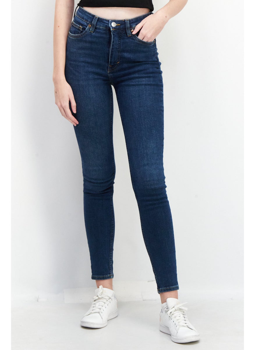MONKI Women Dark Washed Stretchable Denim Jeans, Medium Blue  - Image 1