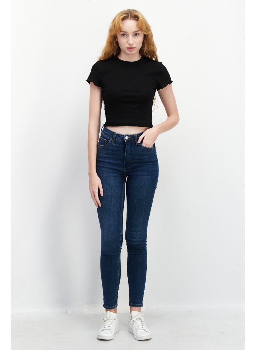 MONKI Women Dark Washed Stretchable Denim Jeans, Medium Blue  - Image 3
