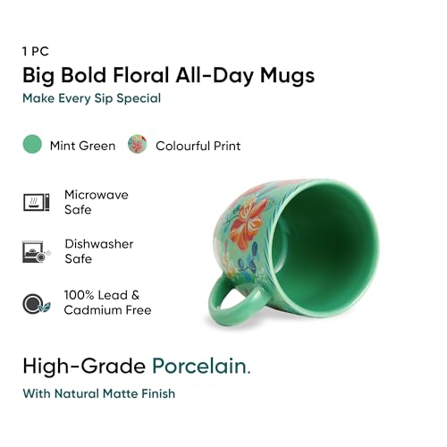 Shay Ceramic Coffee Mug, 1 Pc, 300ml, Big Bold Floral | Medium Mug | Glossy Finish | Ceramic Cup | Microwave Safe (Mint Big Bold Milk Mug, 1Pc) - Image 2