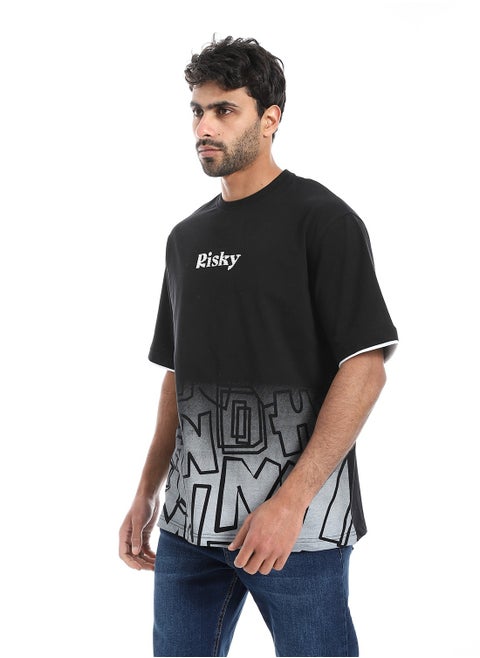 Prominent Print and Self Pattern Comfy T-Shirt - Black & Grey