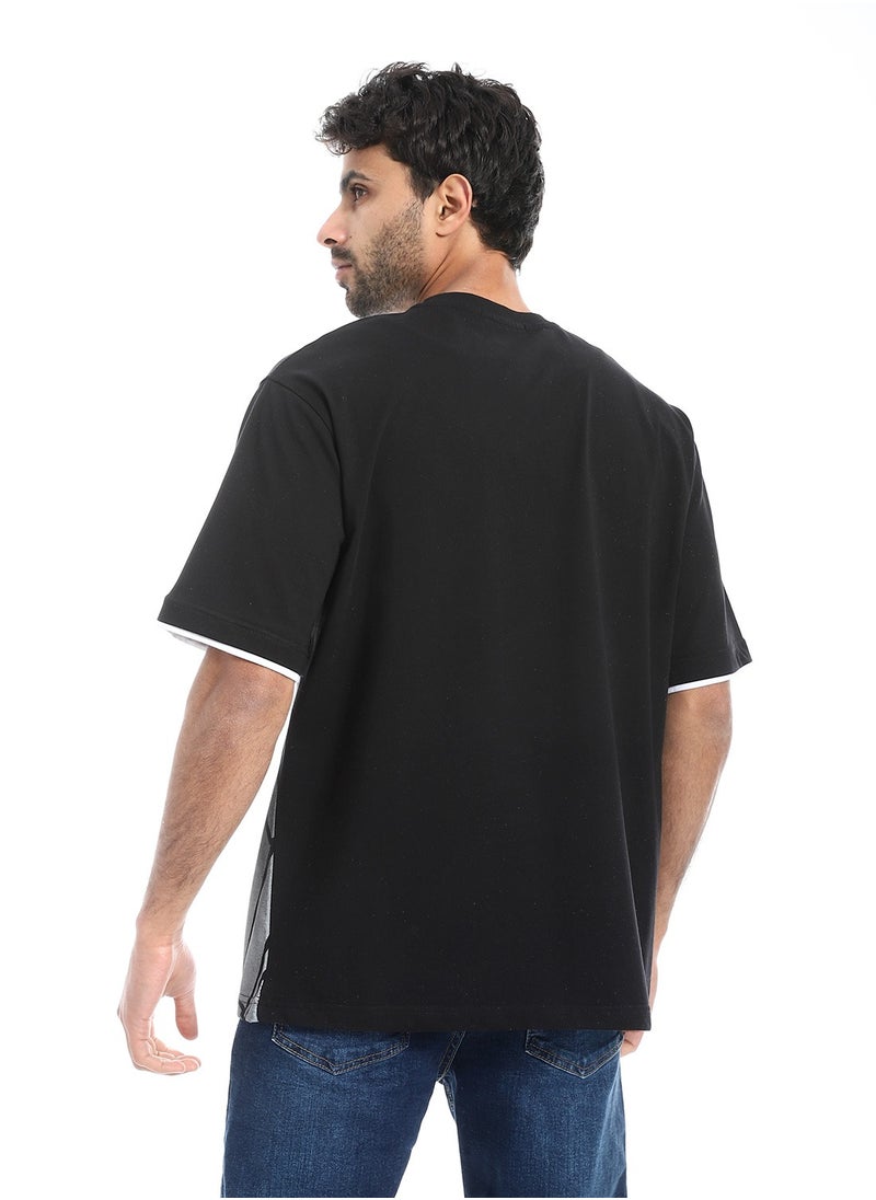 Prominent Print and Self Pattern Comfy T-Shirt - Black & Grey
