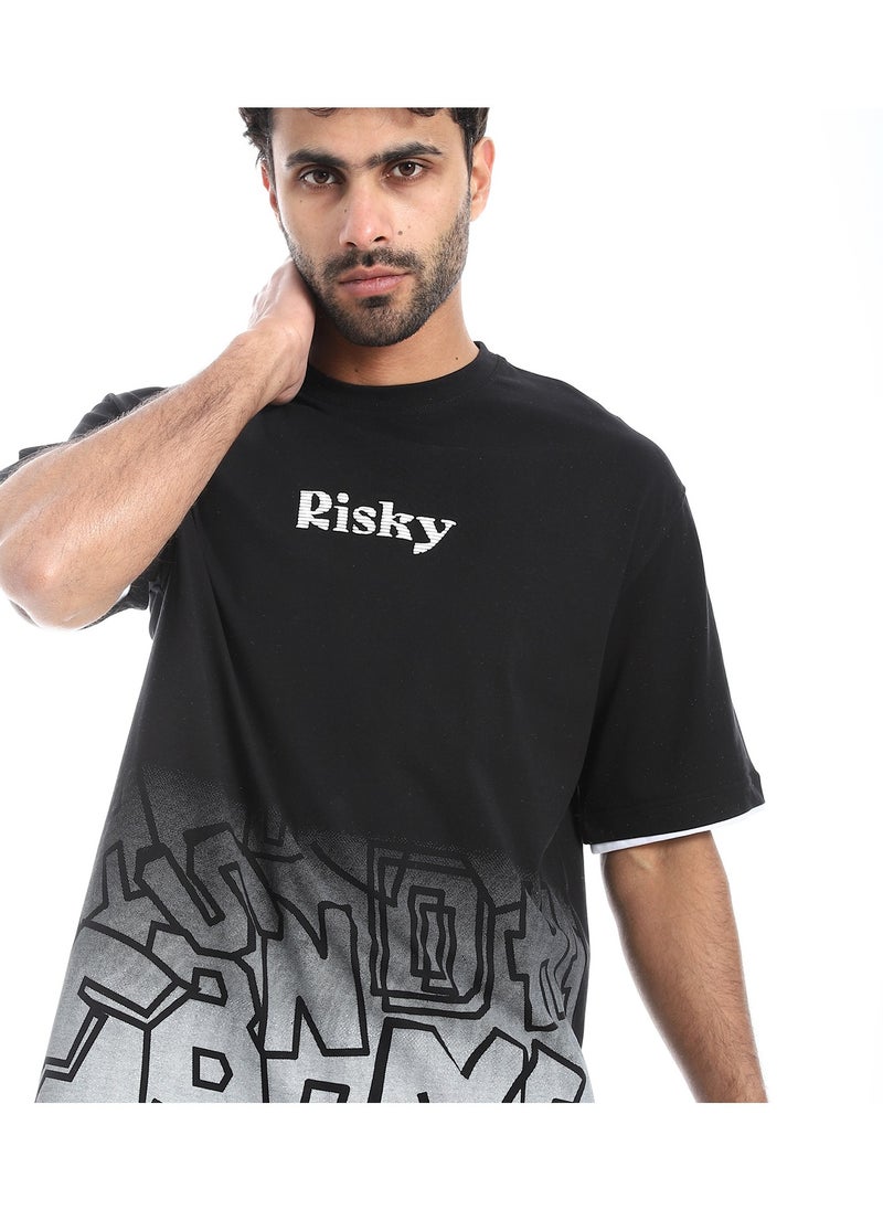Prominent Print and Self Pattern Comfy T-Shirt - Black & Grey
