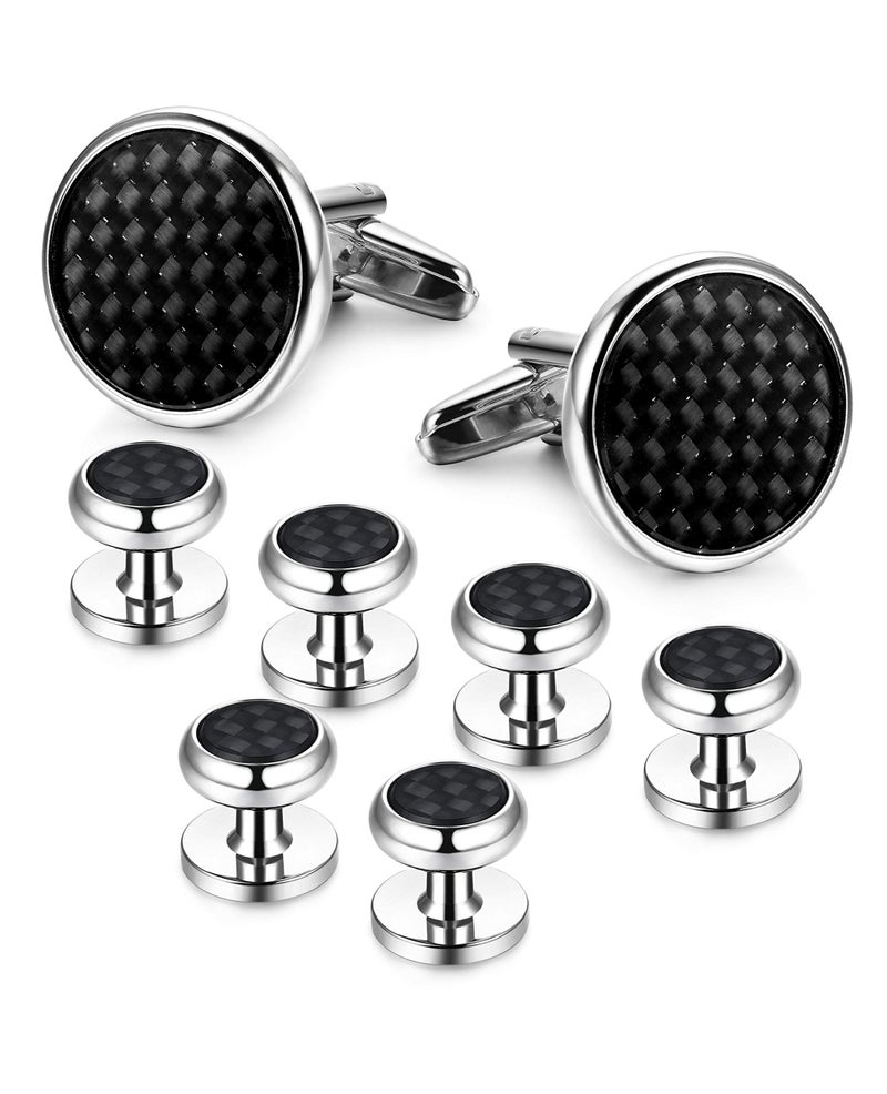 LOYALLOOK 8pcs Mens Carbon Fiber Cufflinks and Shirt Studs Set Tuxedo Shirts Business Wedding Silver Black Gold Tone - Image 1