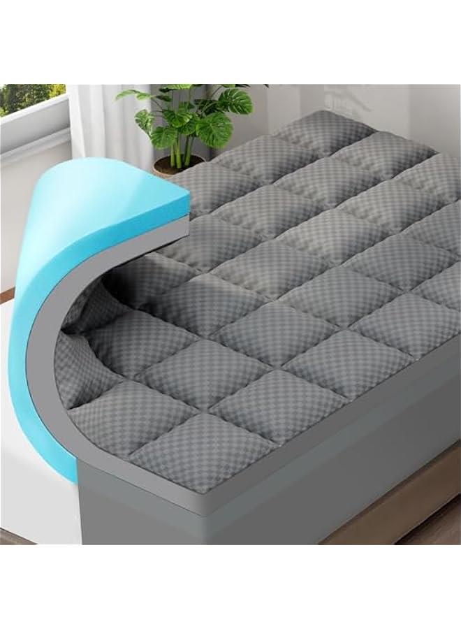 Arabest 4-Inch Queen Size Memory Foam Mattress Topper with Dual Layers for Back Pain, Cooling Pillow Top Cover, and Gel Memory Foam - Grey, Deep Elastic Pocket - Image 1