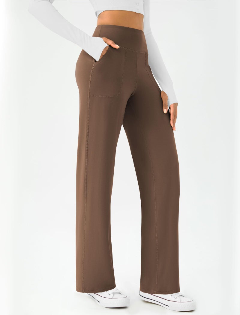 DLOODA Womens Wide Leg Yoga Pants Casual Work Dress Pants Lounge Sweatpants High Waist Comfy Loose Trousers with Pockets Brown - Image 2