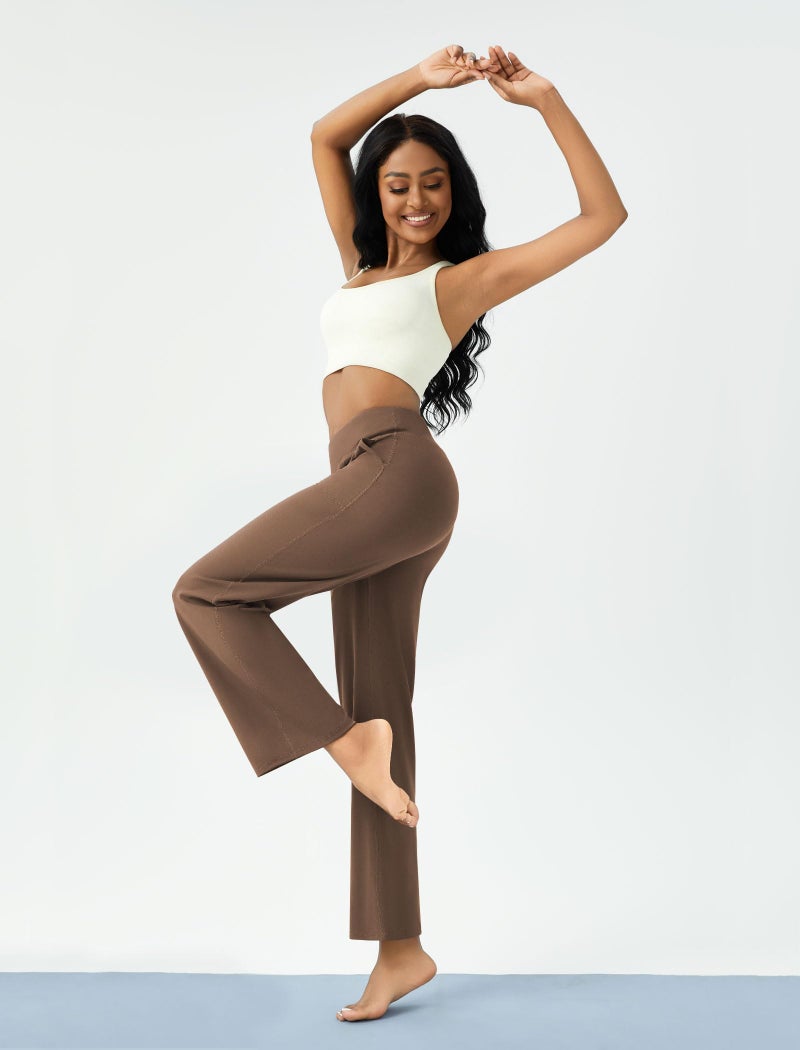 DLOODA Womens Wide Leg Yoga Pants Casual Work Dress Pants Lounge Sweatpants High Waist Comfy Loose Trousers with Pockets Brown - Image 3