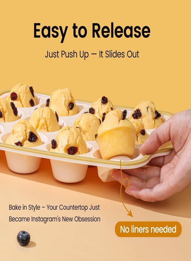 Fimary Silicone Muffin Pans for Baking 2 Pack, 2.6 Inch with Metal Reinforced Frame, Regular Size Nonstick Cupcake Pan 12 Cups for Baking Homemade Muffins, Dishwasher Safe BPA Free-Light Yellow - Image 3