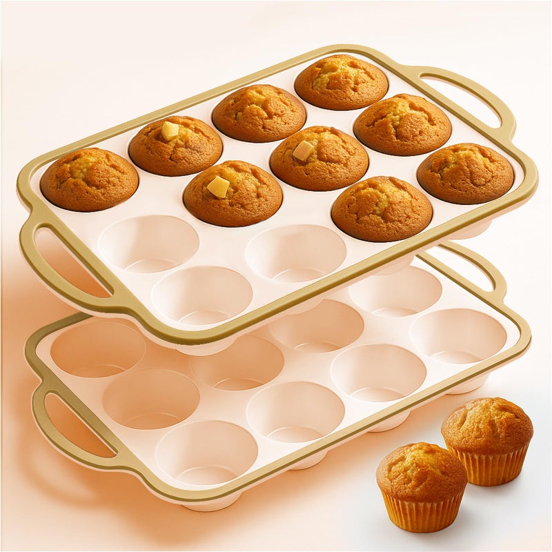 Fimary Silicone Muffin Pans for Baking 2 Pack, 2.6 Inch with Metal Reinforced Frame, Regular Size Nonstick Cupcake Pan 12 Cups for Baking Homemade Muffins, Dishwasher Safe BPA Free-Light Yellow - Image 1