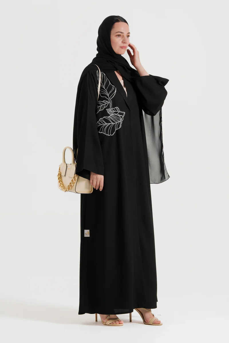 Rosette Abaya Embellished abaya with collar neck embroidery silver with wide sleeves