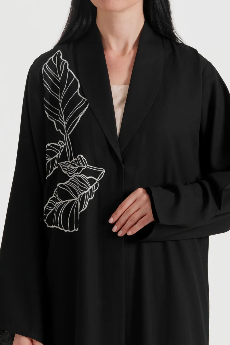 Rosette Abaya Embellished abaya with collar neck embroidery silver with wide sleeves