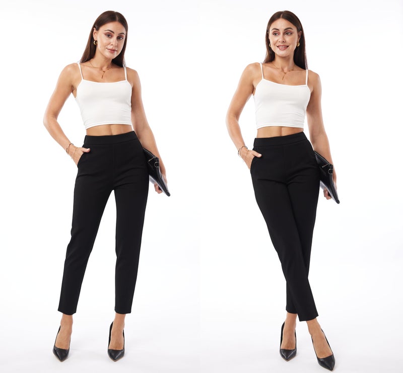 heipeiwa Women's Dress Pants High Waist Pull on Pants Comfort Stretch Work Slacks Crop Trouser Black - Image 4
