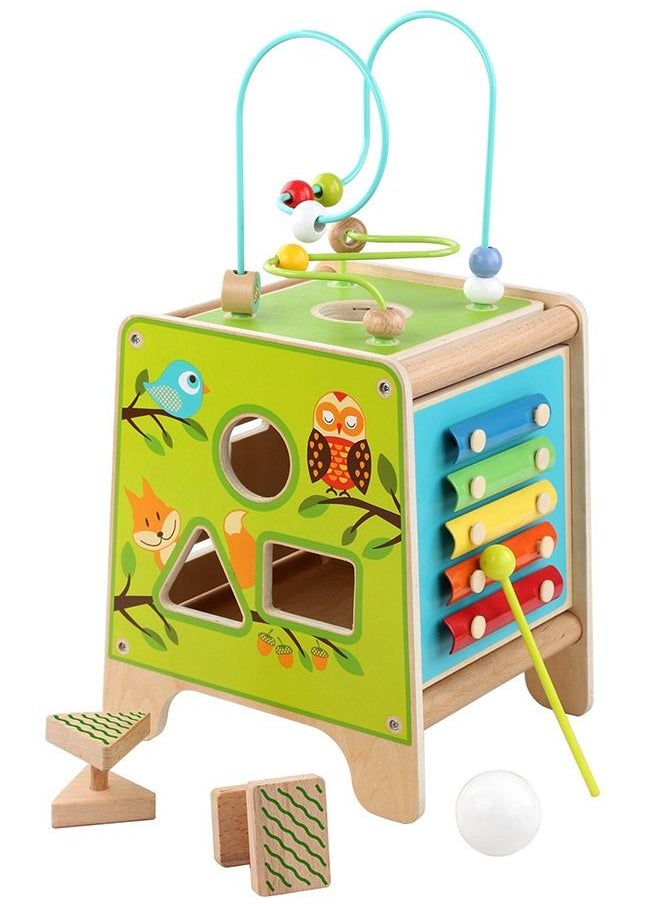 BAYBEE 5 In 1 Wooden Activity Cube For Kids Educational Baby Toy With Bead Maze Shape Color Sorter Xylophone For Toddlers Montessori Learning Preschool Activity Cube Toys For Boys Girls 1+Years  - Image 1