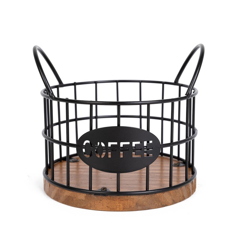 Fving Coffee Pods Holder for Countertop K Cup Holder Organizer Sturdy Kcup Storage Basket with Wooden Base Pods Container for Kitchen Bar Counter Office Desktop Black