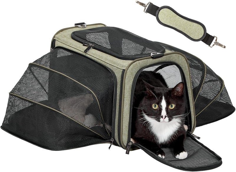 Petsfit Cat Carrier, Expandable Pet Carrier,Two Sides Comfortable Foldable Carrier with Fleece Mat, Top Open Dog Carrier.Green - Image 1