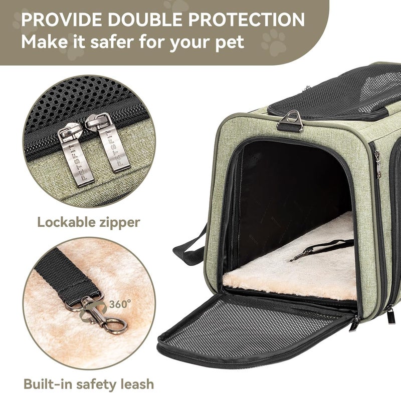 Petsfit Cat Carrier, Expandable Pet Carrier,Two Sides Comfortable Foldable Carrier with Fleece Mat, Top Open Dog Carrier.Green - Image 5