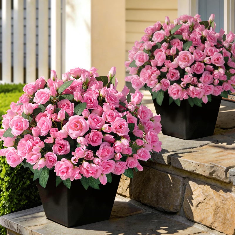 Juxdp 8 Bundles Artificial Roses for Front Door Outdoor Decor Realistic Fake Silk Bouquets Flowers Faux UV Resistant Real Looking Rose Plants for Garden Balcony Farmhouse Home Spring Summer Decor Pink - Image 2
