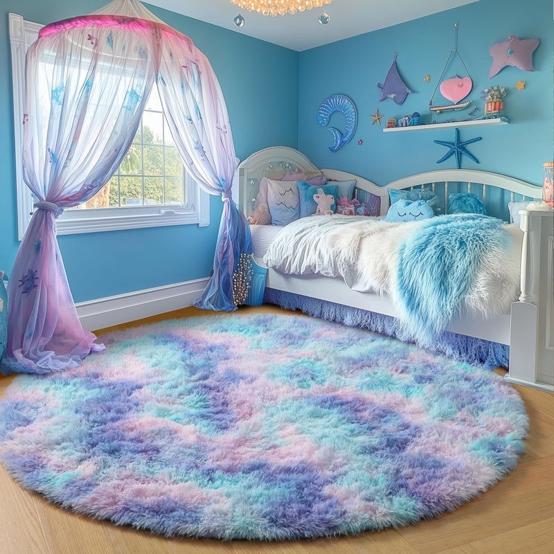 PAGISOFE Fluffy Kawaii Round Rug 4Ft for Girls Bedroom Decor, Purple Rainbow Mermaid Rugs for Kids Playroom, Teen Girl Room, Nursery, Dorm, Cute Furry Pastel Rug, Soft Plush Tent Carpet - Image 5