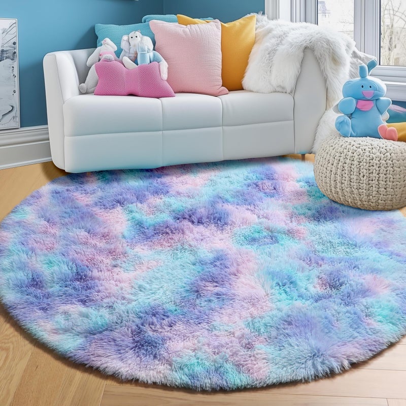 PAGISOFE Fluffy Kawaii Round Rug 4Ft for Girls Bedroom Decor, Purple Rainbow Mermaid Rugs for Kids Playroom, Teen Girl Room, Nursery, Dorm, Cute Furry Pastel Rug, Soft Plush Tent Carpet - Image 4