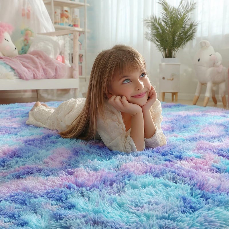 PAGISOFE Fluffy Kawaii Round Rug 4Ft for Girls Bedroom Decor, Purple Rainbow Mermaid Rugs for Kids Playroom, Teen Girl Room, Nursery, Dorm, Cute Furry Pastel Rug, Soft Plush Tent Carpet - Image 2