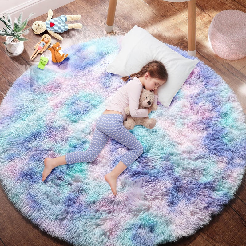 PAGISOFE Fluffy Kawaii Round Rug 4Ft for Girls Bedroom Decor, Purple Rainbow Mermaid Rugs for Kids Playroom, Teen Girl Room, Nursery, Dorm, Cute Furry Pastel Rug, Soft Plush Tent Carpet - Image 1