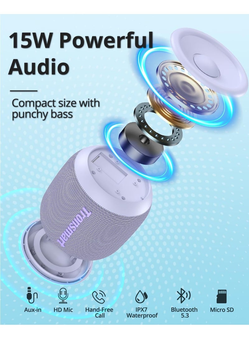 ترونسمارت Tronsmart T7 Mini سماعة بلوتوث محمولة صغيرة، 15 واط، Bluetooth 5.3، صوت ستيريو 360°، تشغيل حتى 18 ساعة، مقاومة للماء IPX7، إضاءة، بنفسجي - Image 2