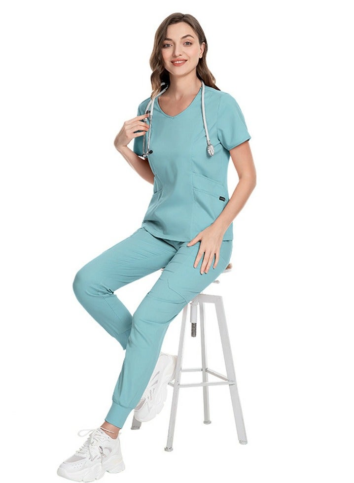 Loquat Medical Uniform Scrubs 2 Piece Set V-Neck Top and Elastic Waist Jogger Pants Suit Light Blue - Image 1