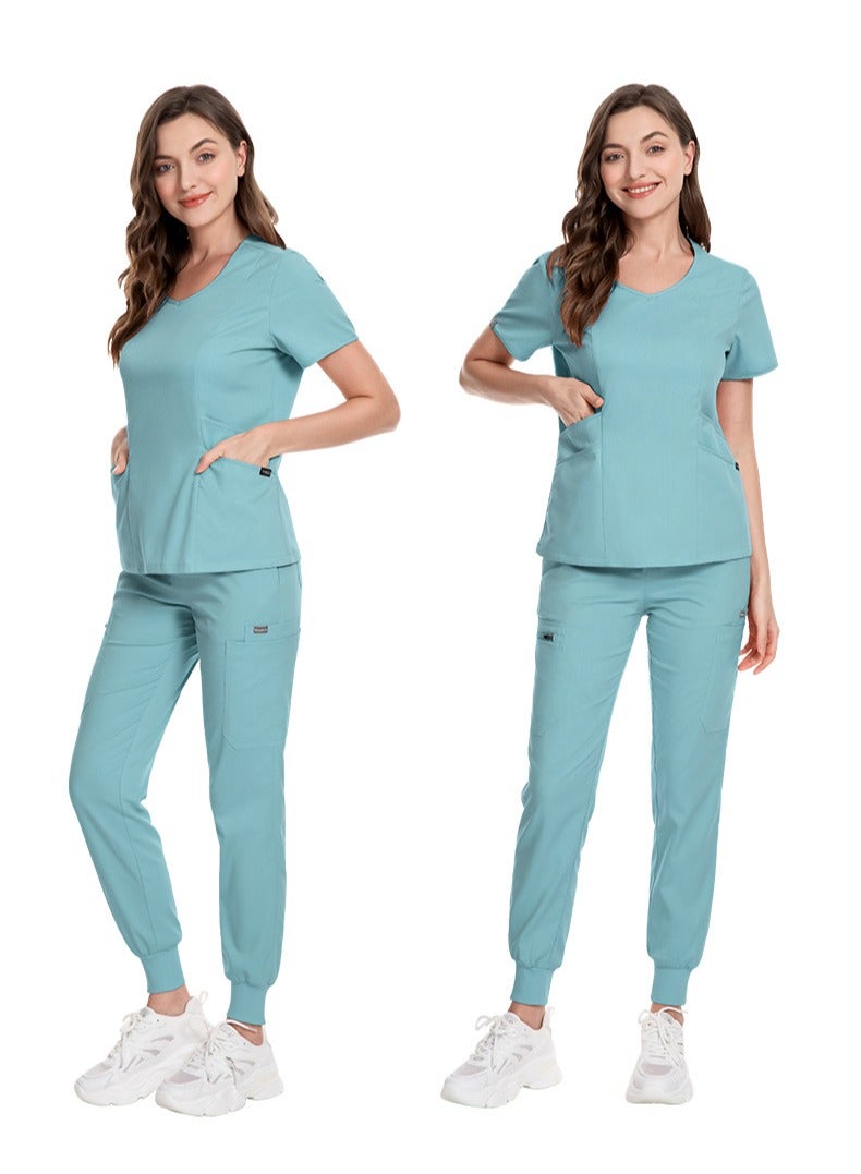 Loquat Medical Uniform Scrubs 2 Piece Set V-Neck Top and Elastic Waist Jogger Pants Suit Light Blue - Image 2