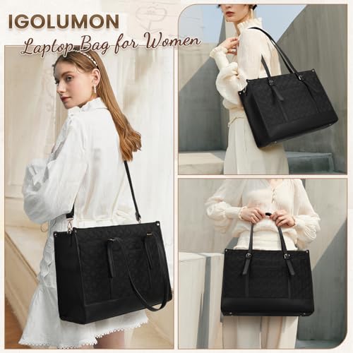 IGOLUMON Laptop Bag for Women 15.6 Inch Vegan Leather Work Tote Bag Quilted Womens Briefcase Designer Laptop Bags for Office Teacher College Cute Computer Bag with Clutch Purse Professional Black - Image 4