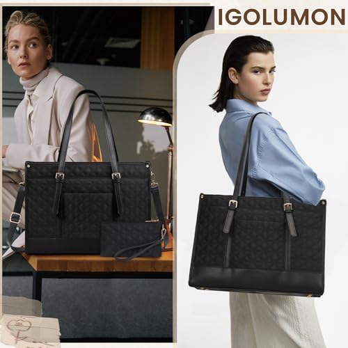 IGOLUMON Laptop Bag for Women 15.6 Inch Vegan Leather Work Tote Bag Quilted Womens Briefcase Designer Laptop Bags for Office Teacher College Cute Computer Bag with Clutch Purse Professional Black - Image 5