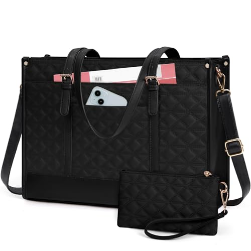 IGOLUMON Laptop Bag for Women 15.6 Inch Vegan Leather Work Tote Bag Quilted Womens Briefcase Designer Laptop Bags for Office Teacher College Cute Computer Bag with Clutch Purse Professional Black - Image 1