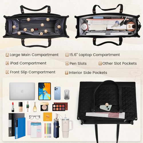 IGOLUMON Laptop Bag for Women 15.6 Inch Vegan Leather Work Tote Bag Quilted Womens Briefcase Designer Laptop Bags for Office Teacher College Cute Computer Bag with Clutch Purse Professional Black - Image 2