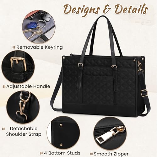 IGOLUMON Laptop Bag for Women 15.6 Inch Vegan Leather Work Tote Bag Quilted Womens Briefcase Designer Laptop Bags for Office Teacher College Cute Computer Bag with Clutch Purse Professional Black - Image 3
