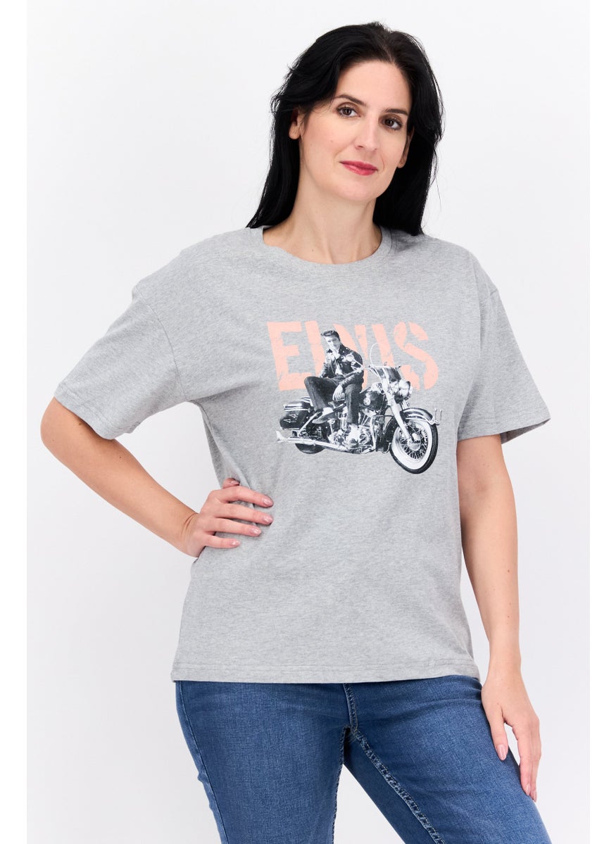 ELVIS Women Crew Neck Short Sleeves Graphic Printed T-Shirt, Light Grey Combo  - Image 1