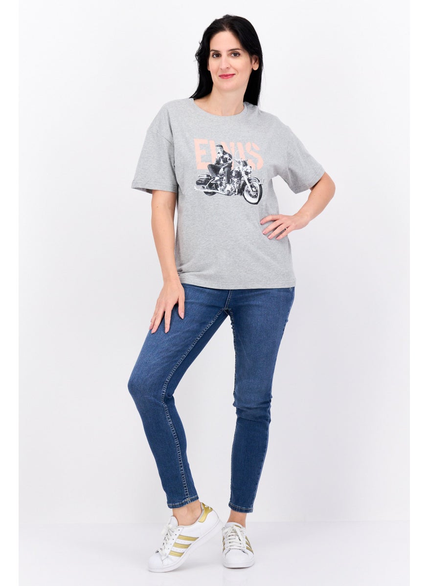 ELVIS Women Crew Neck Short Sleeves Graphic Printed T-Shirt, Light Grey Combo  - Image 4
