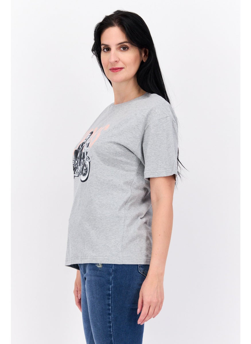 ELVIS Women Crew Neck Short Sleeves Graphic Printed T-Shirt, Light Grey Combo  - Image 2