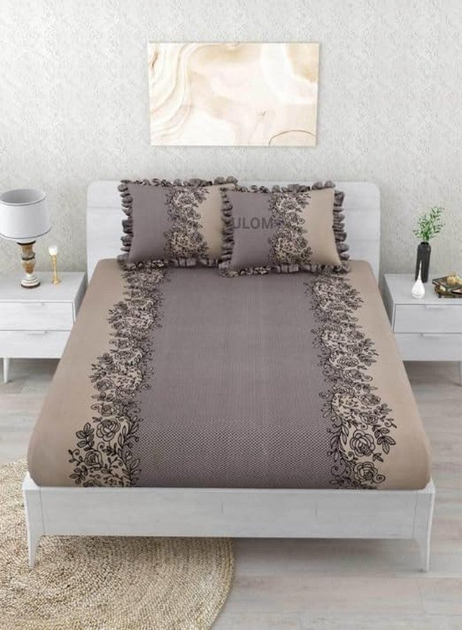 ULOM 350 TC Premium Heavy Cotton Feel Elastic Fitted Bedsheet King Size with 2 Frill Pillow Covers King Size || Double Bed with All Around Elastic (Coffee Frill, Fitted - 72"x78" King) - Image 2