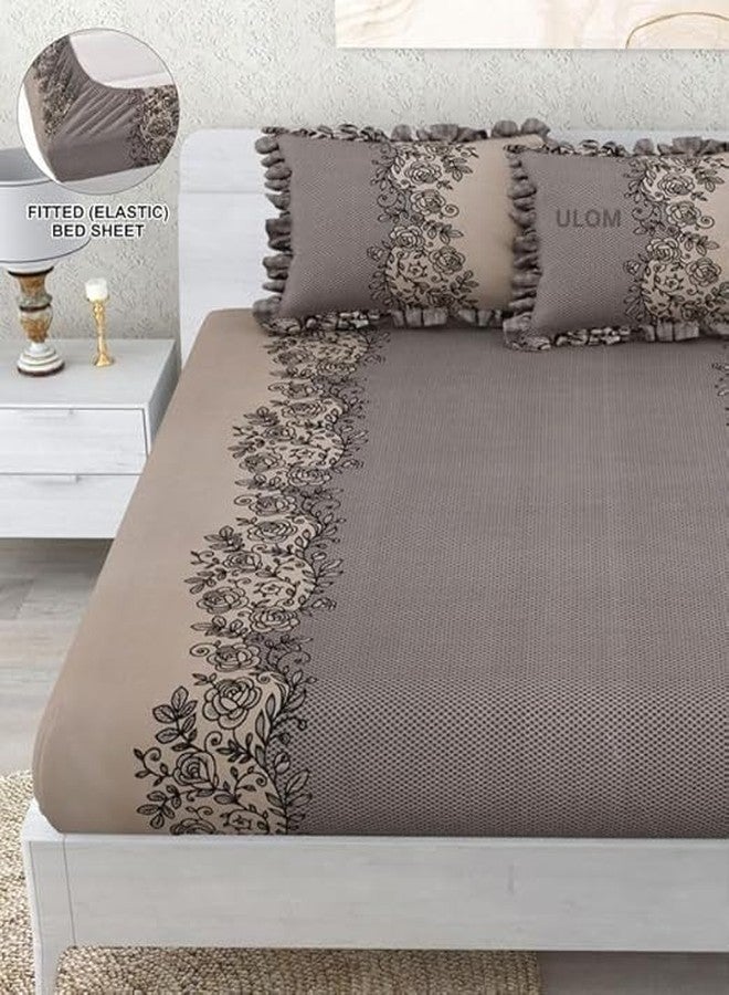 ULOM 350 TC Premium Heavy Cotton Feel Elastic Fitted Bedsheet King Size with 2 Frill Pillow Covers King Size || Double Bed with All Around Elastic (Coffee Frill, Fitted - 72"x78" King) - Image 1