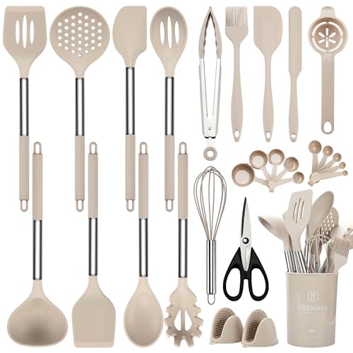 NCUE Kitchen Utensils Set, NCUE 28 Pcs Silicone Cooking Utensils Set with Holder, Spatula Set, Silicone Whisk, Scissors, Measuring Cups and Spoons Set with Stainless Steel Handle Kitchen Gadgets (Khaki) - Image 1